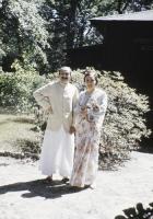 <p>
The Avatar with his chief woman disciple, Mehera J. Irani in 1952. Besides a modest home for Meher Baba on the site, a separate building was constructed to house women visitors only.</p>
